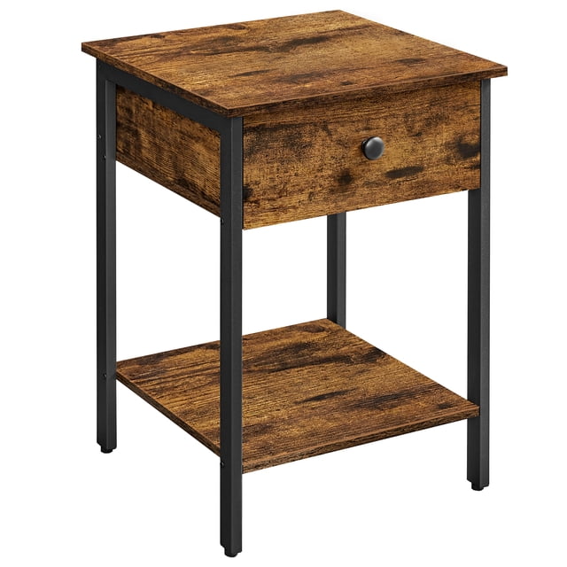 VINCYER Nightstand, End Table, Side Table with Drawer and Shelf, Bedroom, Living Room, Easy Assembly, Metal, Industrial Design, Rustic Brown