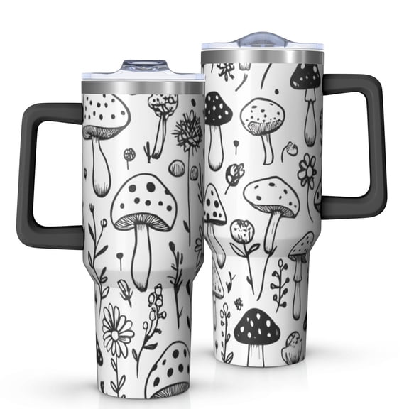 OBREWU Black and White Mushroom Tumbler with Handle and Lid,Black and White Mushroom 40oz Double Wall Vacuum Insulated Tumbler,Cups Gift for Women and Men