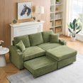 thumbnail image 3 of 80" Corduroy Multi-Function Sofa with Hidden Reclining & Space-Saving Design, Armrest Cup Holders, Removable Chaise Lounge Footstool, Green, 3 of 9