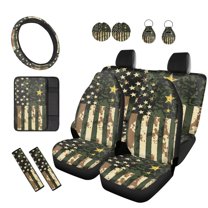 KUIFORTI Camo US Flag Car Seat Covers Full Set 12 Pieces Car Seat Belt Cover Auto Center Console Pad Steering Wheel Cover All-Season Protection Fits Most Cars, Sedans, SUVs