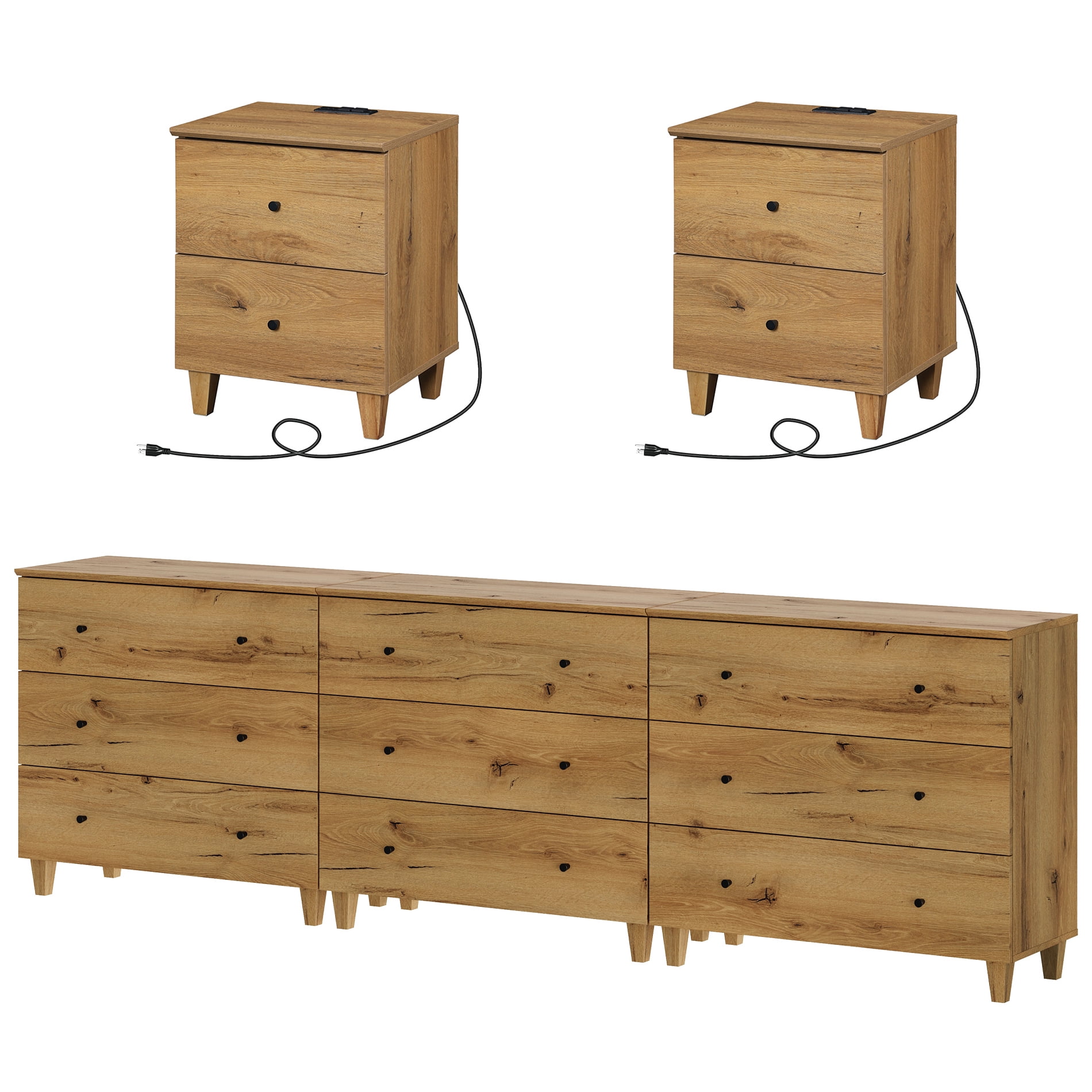 WAMPAT Dresser and Nightstands Set of 5, Wood Dressers with 9 Drawers, 2 Pieces Nightstands with Charging Stations for Living Room, Dark Brown Wood