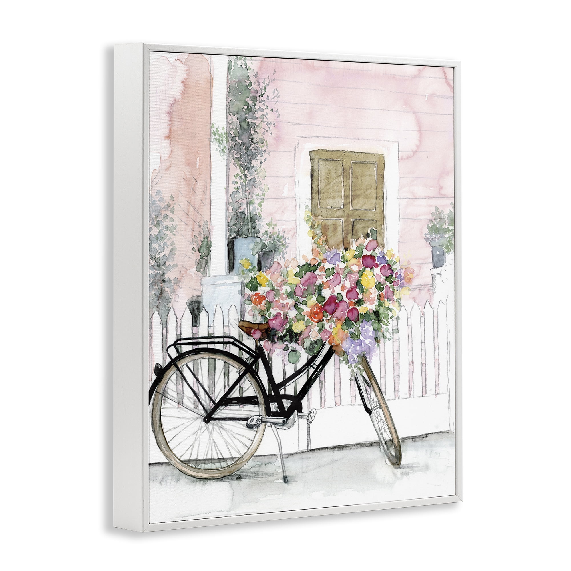 Stupell Industries Watercolor Bicycle Bouquet Botanical & Floral Painting White Framed Art Print Wall Art, 16 x 20