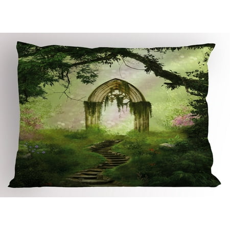 Decorative Greenery Antique Pillow Sham Old Aged Fantasy Gate in Forest Ancient Medieval Gothic Greenery Digital Art, Decorative Standard Size Printed Pillowcase, 26 X 20 Inches, Green Pale Green, by Ambesonne ()