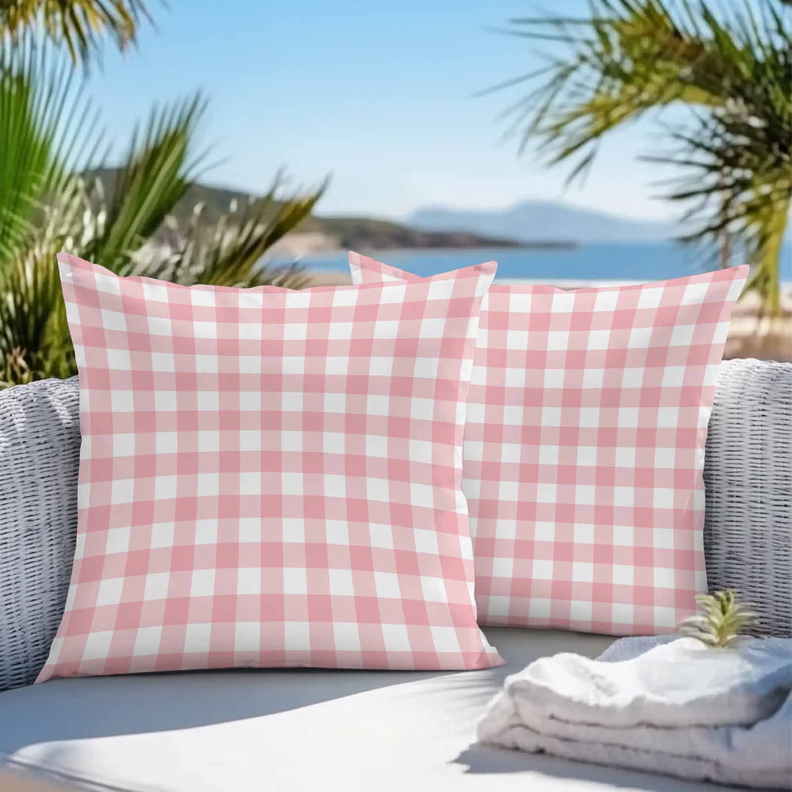 Outdoor Throw Pillows Covers 18X18 Set of 2 Waterproof Pink Gingham Buffalo Check Decorative Zippered Cushion Covers for Patio Furniture, Pink White Lumbar Pillowcases