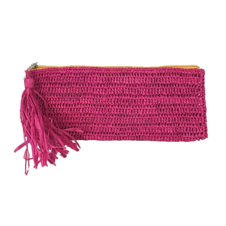 Fuchsia Crochet - Mar Y Sol Emily Crochet Raffia Tassel Slim Clutch, Fuchsia