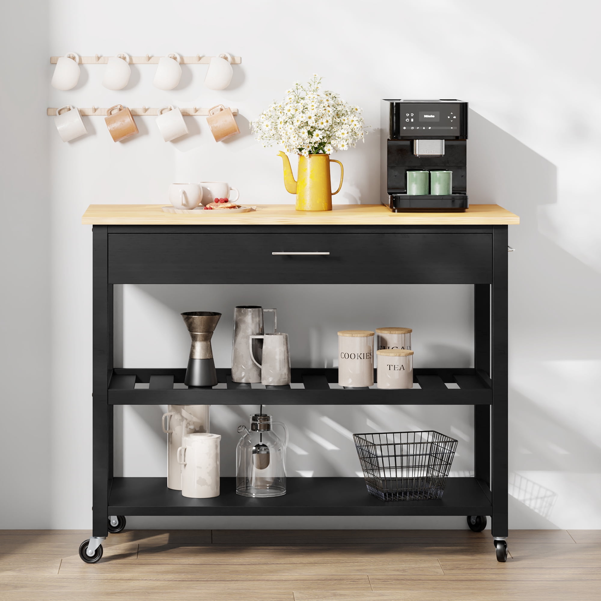Kitchen Island Cart with Storage,Rolling Kitchen Island Side Table on Wheels with Large Worktop,Storage Cabinet,Towel Rack,Drawers and Open Shelves for Kitchen,Dinning Room,Black