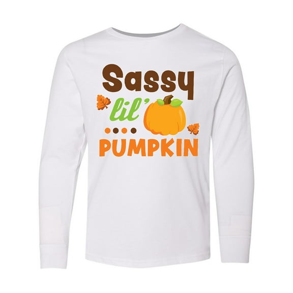 Inktastic Thanksgiving Sassy Lil Pumpkin with Fall Leaves Long Sleeve Youth T-Shirt