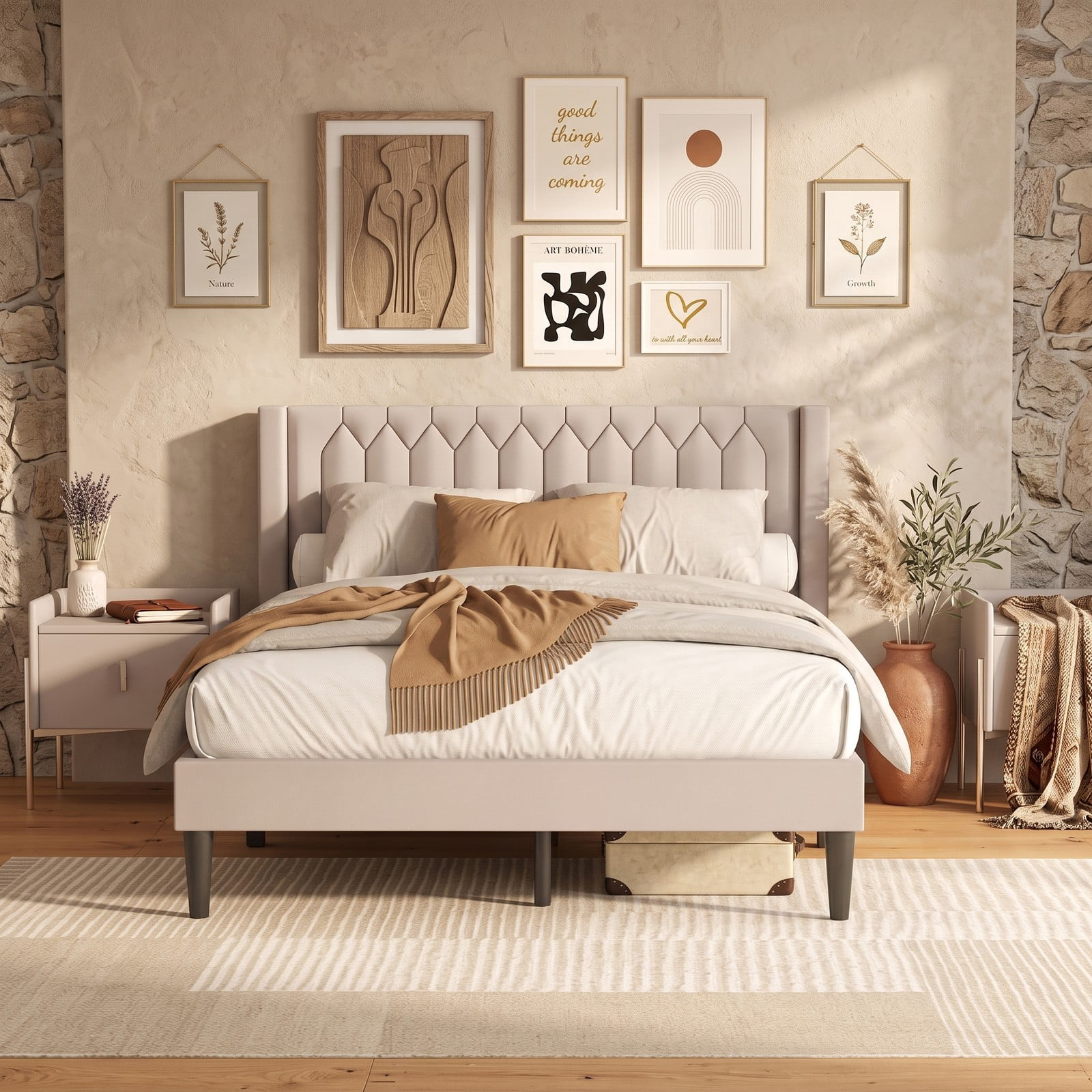 Furnibear Queen Bed Frame Velvet Upholstered Platform Bed with Wingback Headboard and Wood Slat Support, No Box Spring Needed, BeigeBeige