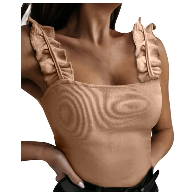 Femmes Dames Ample Sans Manches Uni Col Carré Chandail Court Hauts Chemise