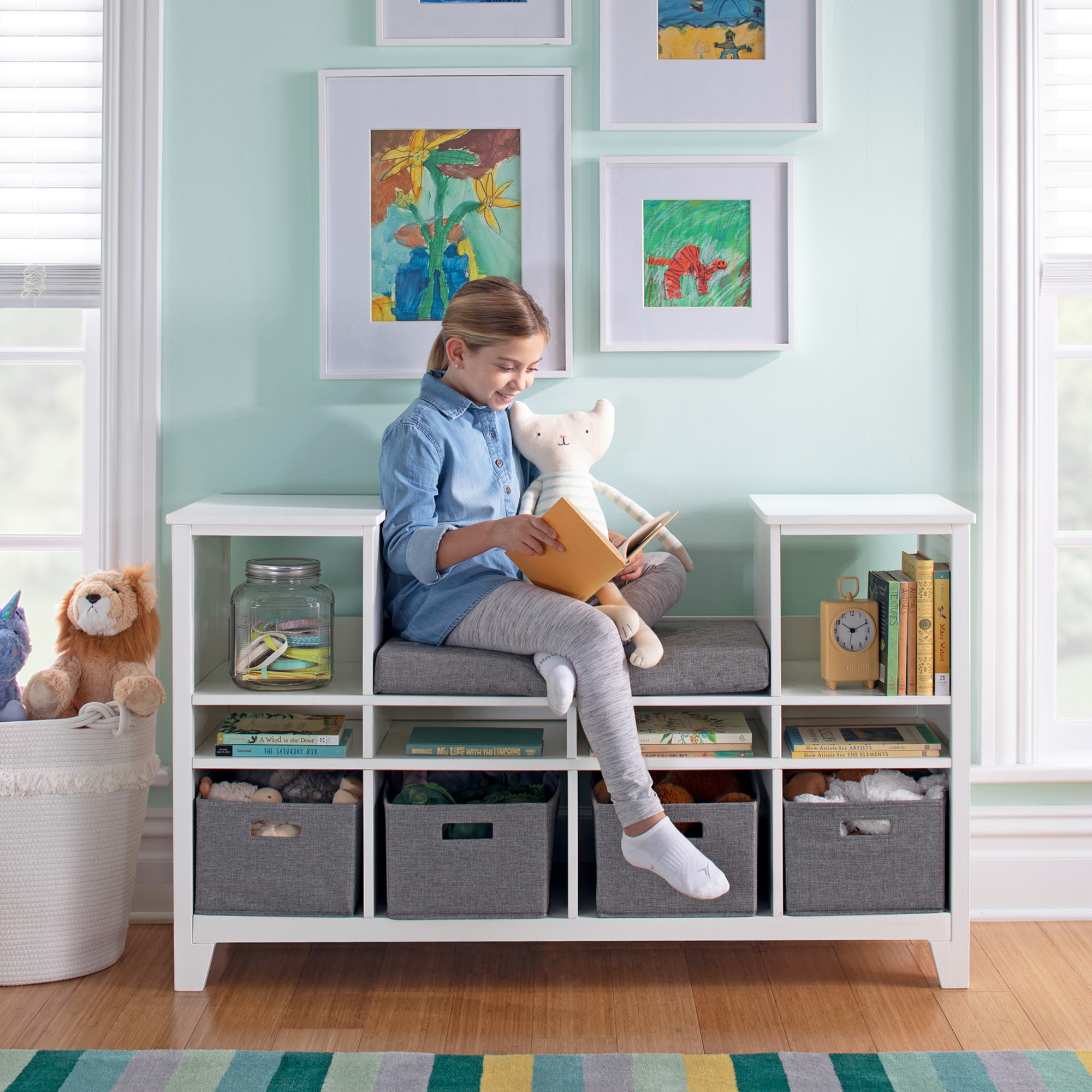 Martha Stewart Living and Learning Kids' Reading Nook - White: Wooden  Storage Bookshelf Organizer with Seat Cushion, and Fabric Bins for Toys,  Books, ...