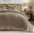 thumbnail image 6 of EVERGRACE Velvet Quilt Set King Size, Luxurious Soft Striped Channel Bedding Set, Lightweight Velvet Comforter for All Season, Oversized Bedspread Coverlet with 2 Matching Shams, Mocha Brown, 6 of 8