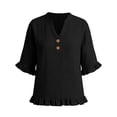 thumbnail image 7 of RMGVDSD Womens Summer Tops 3/4 Sleeve V Neck Button Down Shirts Ruffled Hem Solid Color Casual Basic Shirt Everyday Comfort Tees Business Shirts, 7 of 7
