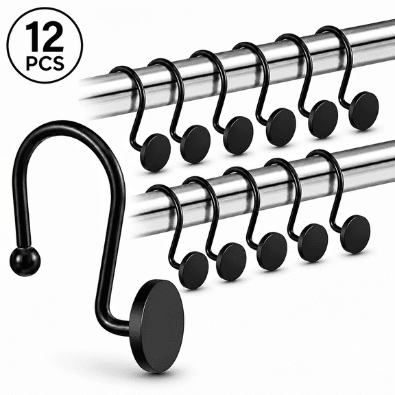 LuckArrives Metal Shower Curtain Hooks, 12 Pack Rustproof Stainless Steel Shower Curtain Rings, Heavy Duty Decorative Hooks for Bathroom – (Black)
