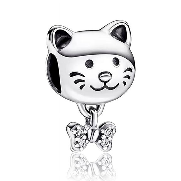 925 Sterling Silver Pet Cat & Bow Charm for Women Moment Charm Bracelet