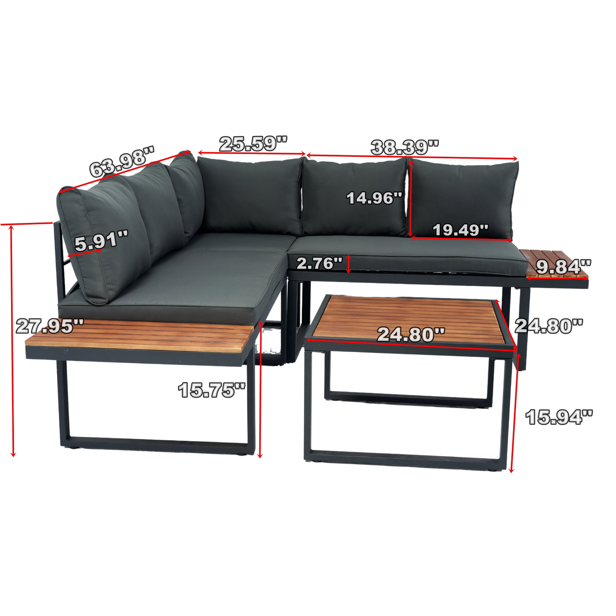 PORKISS 4 Pieces Outdoor Patio Set, Wicker L-Shaped Sectional Sofa Set with Wood Side Table and Cushions, Modern 5-Seater Conversation Set for Garden, Yard, Poolside, Dark Grey
