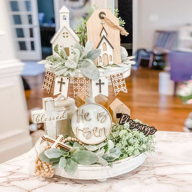 Riforla Easter Decorative Ornaments Tiered Tray Decor Easter Decorations Rustic Farmhouse Table Decor Signs Spring Home Desk Ornament