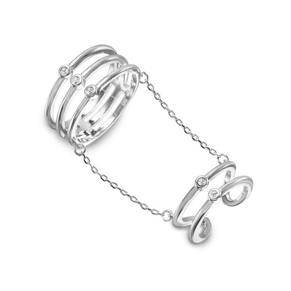Rhodium Plated Sterling Silver 925 2 Rings in 1 Attached on a Chain White CZ Female Size 6