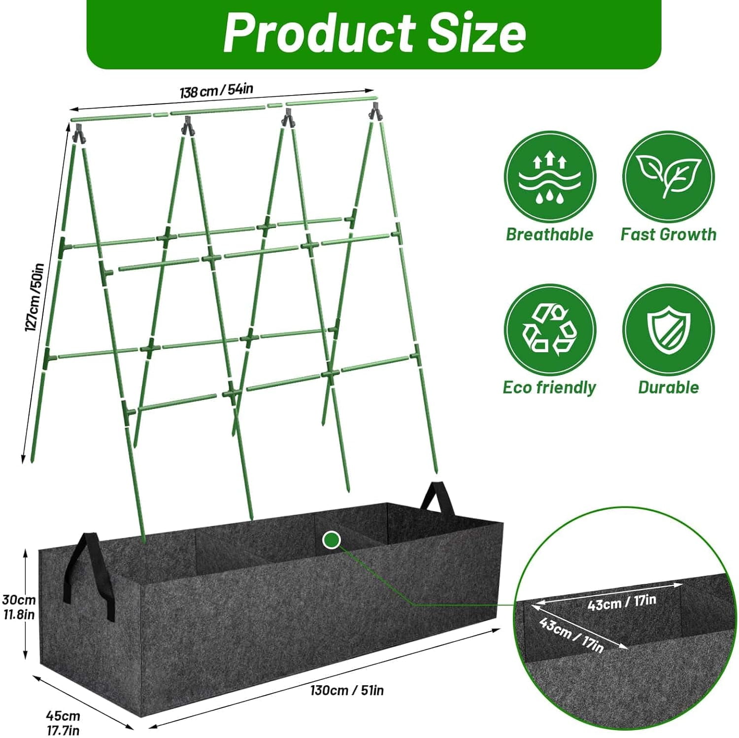 Cucumber Trellis with  Gallon Grows Bag, 50 x 54 Inches A Frame Outdoor Greenhouse Trellis and Fabric Raised Bed, Climbing Net and Plant Support Clips for Bean Climbing Plants