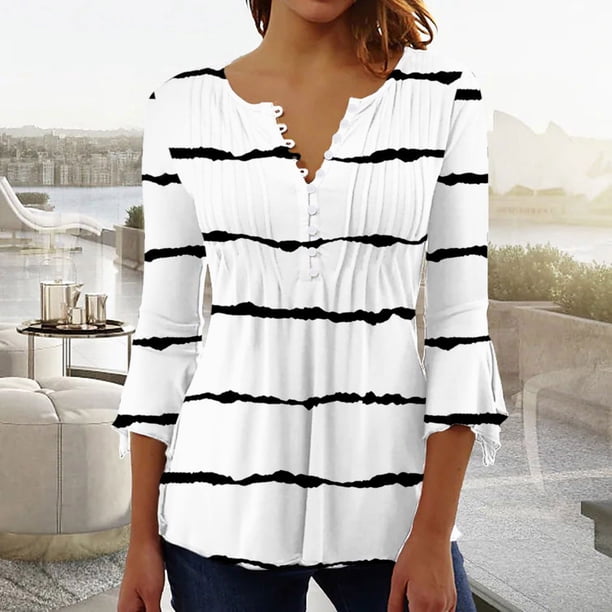 ICHUANYI ClearanceWomen‘s Summer Sexy Fold Printed Regular Women 3/4 Sleeves V Neck Button Tops Blouse(White, M) ICHUANYI WER20232080505164