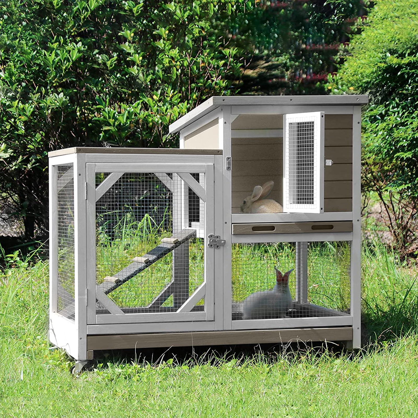 Aivituvin Outdoor Rabbit Hutch Indoor Bunny Cage-Mocca Without Wire Mesh