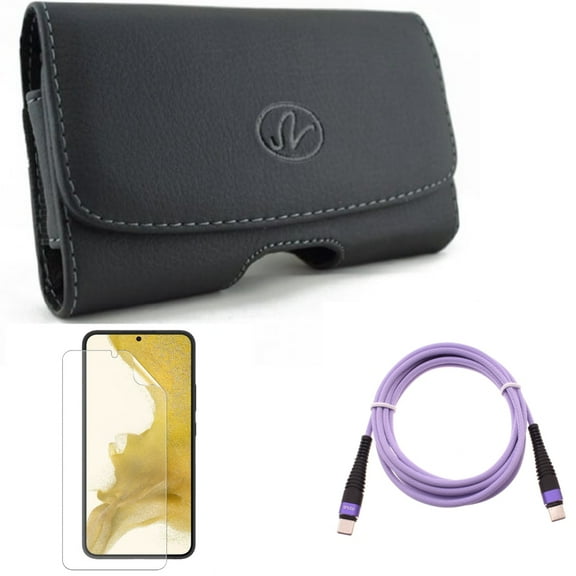 For Samsung Galaxy S21 (6.2") - Swivel Leather Case Belt Clip   Fast Charger Cord Type-C to USB-C Purple 10ft PD Cable   Anti-Glare TPU Film Matte Screen Protector