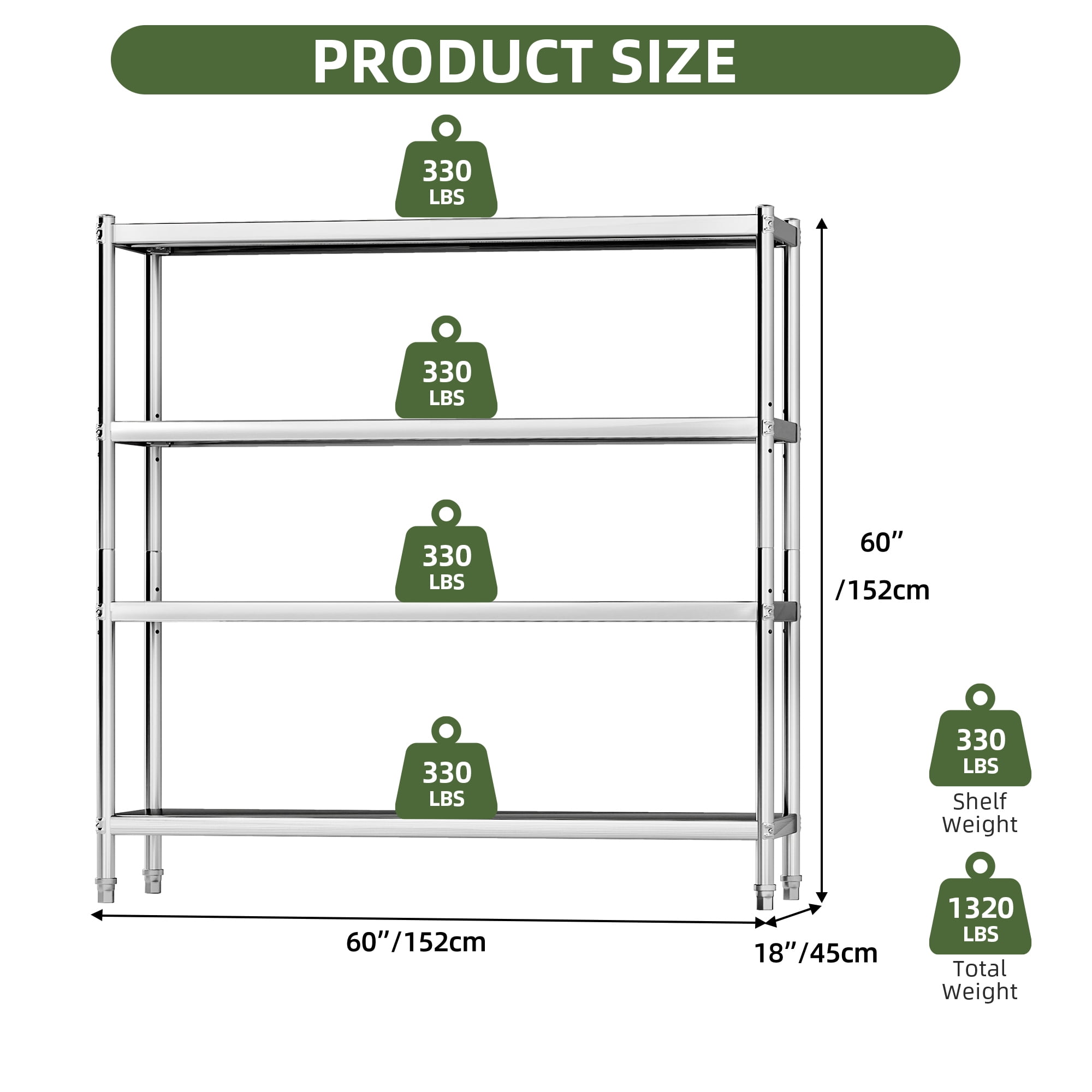 Uforic 4-Tier Stainless Steel Industrial Kitchen Shelves, 60 x 18 x 60 Inch, Adjustable Height, Heavy-Duty Metal Storage for Kitchen, Restaurant, Garage