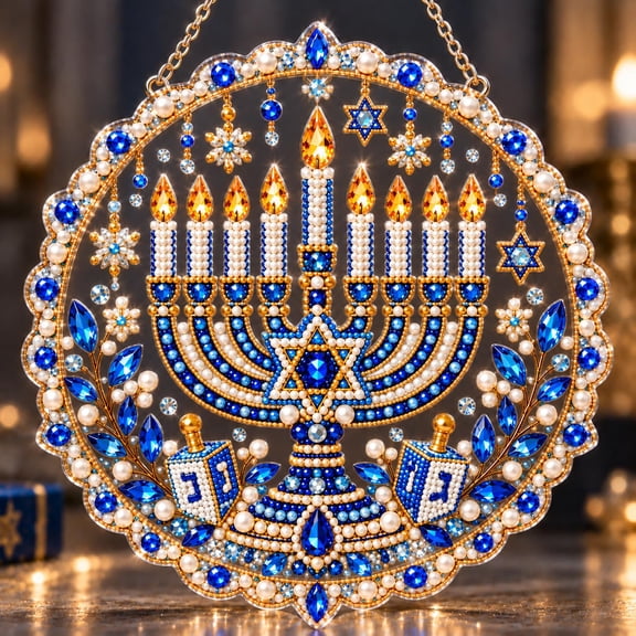 Hanukkah Pearl Diamond Art Kit for Adults, Acrylic Hanging Ornament,3D Pearl and Rhinestone Craft with a Pre-Printed, Beginner DIY Hanukkah for Home Decor, Handmade Gifts and Holiday Keepsake