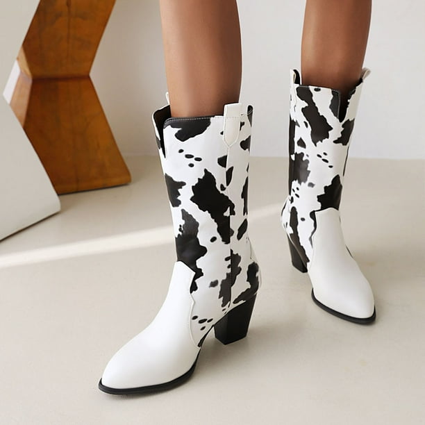 Color Block Pointed Toe Thick High heeled Women s Mid tube Boots Milk Boots