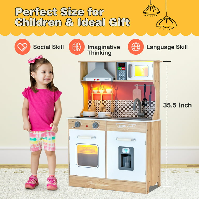 Costway Wooden Kitchen Playset Multi-Functional Pretend Cooking Set w/  Lights & Sounds