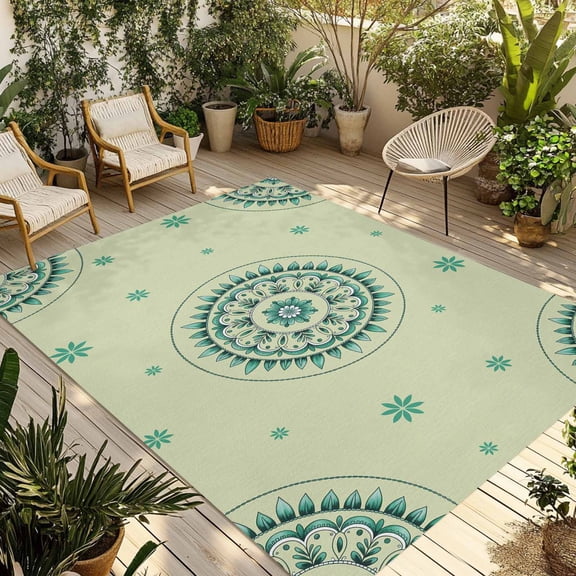 Green Floral Outdoor Rug for Patio/Deck/Porch, Non-Slip Large Area Rug 6 x 9 Ft, round Floral Ethnic Abstract Patterned Indoor Outdoor Rugs Washable Area Rugs, Reversible Camping Rug Carpet Runner