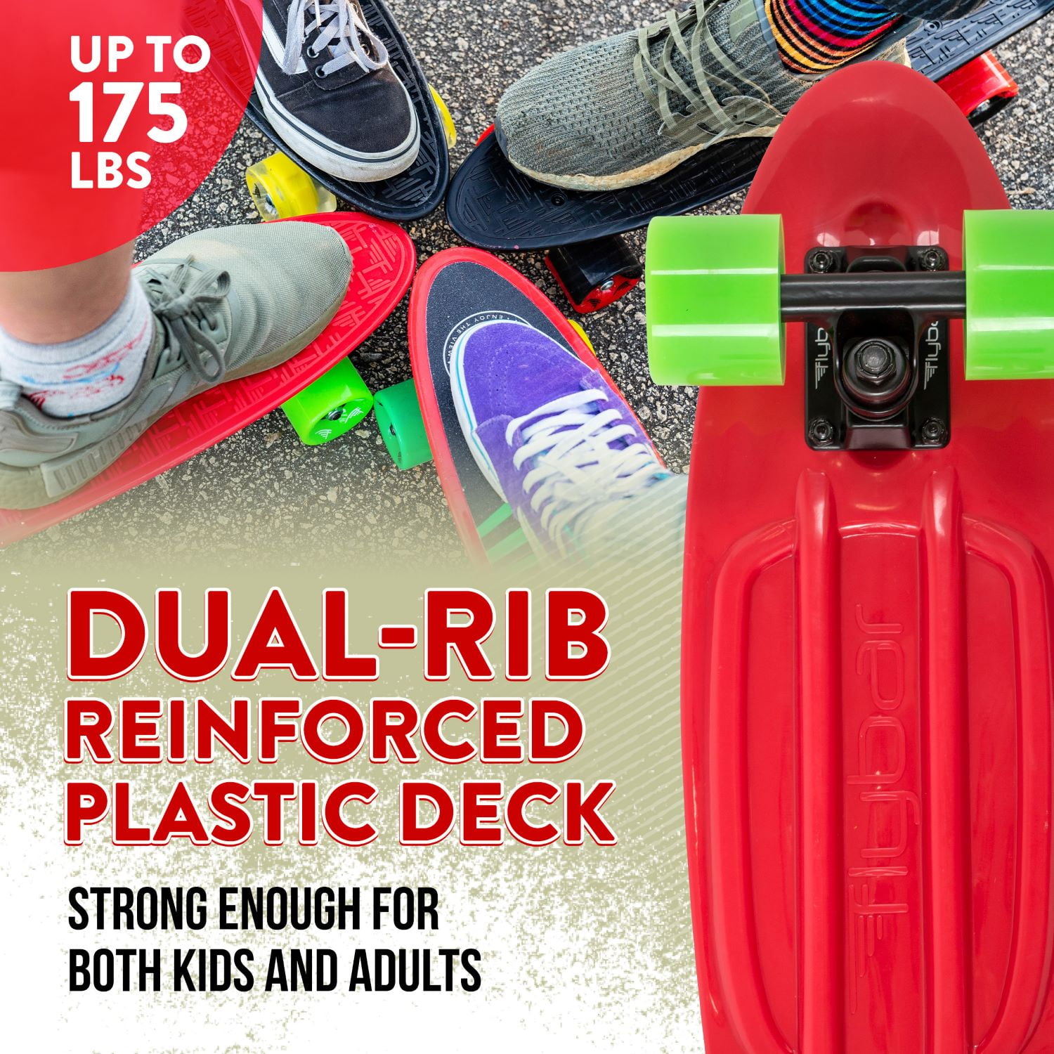Flybar 22 inch Plastic Cruiser Skateboard, Non-Slip Deck, for Boys and Girls Ages 6+ up to 175lbs, Red