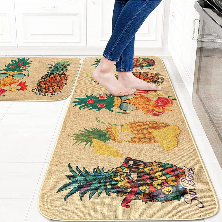 Kitchen Rugs and Mats Non Skid Washable Sets with Rubber Backing Pineapple Kitchen  Mat Set of 2 Farmhouse Low-Profile Floor Mat for Home Front Door Holiday  Decor(17x29 +17x47 Inch 