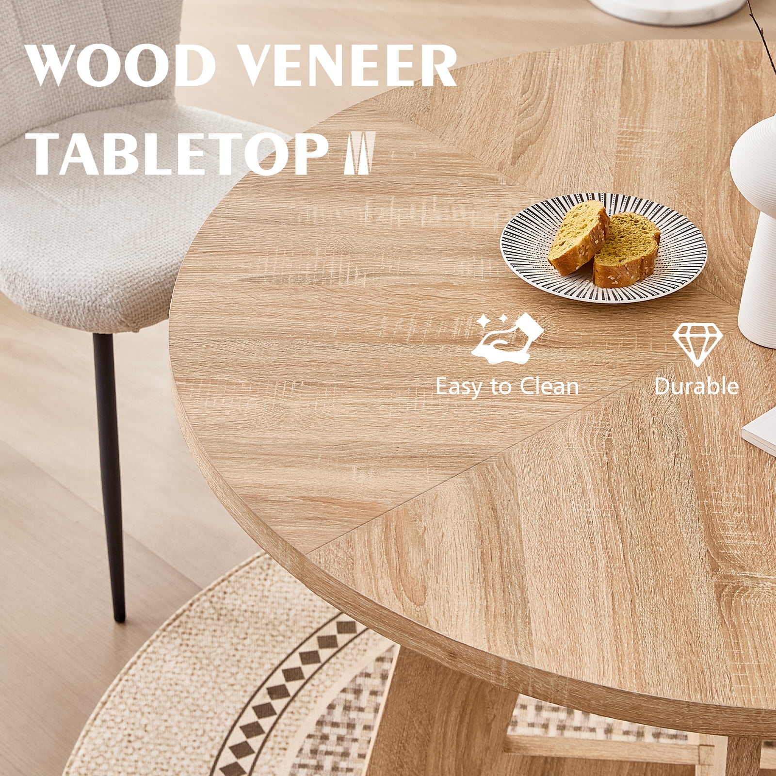 47 inch Round Dining Table, Farmhouse Circle Kitchen Table, Large Wood Dinner Table for 4, Wooden Pedestal Dinning Table for Dining Room, Mid Century Modern Style, Natural