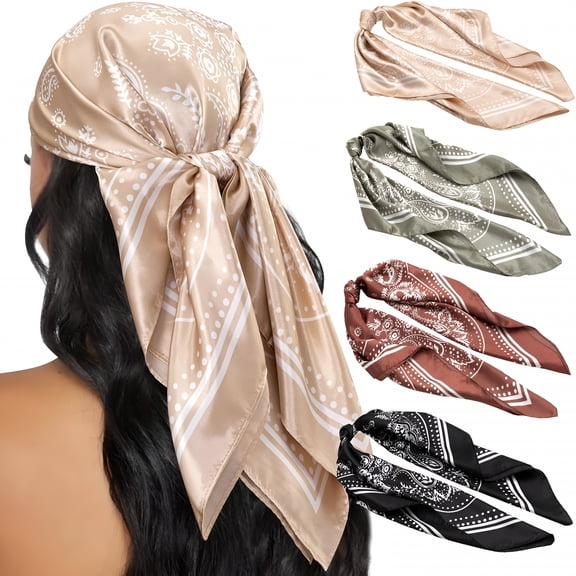 TUWAFE 4Pcs Head Scarf for Women 35U201D Head Scarves Silk Like Satin Neck Scarfs Square Bandana Hair Wraps Scarf for Sleeping