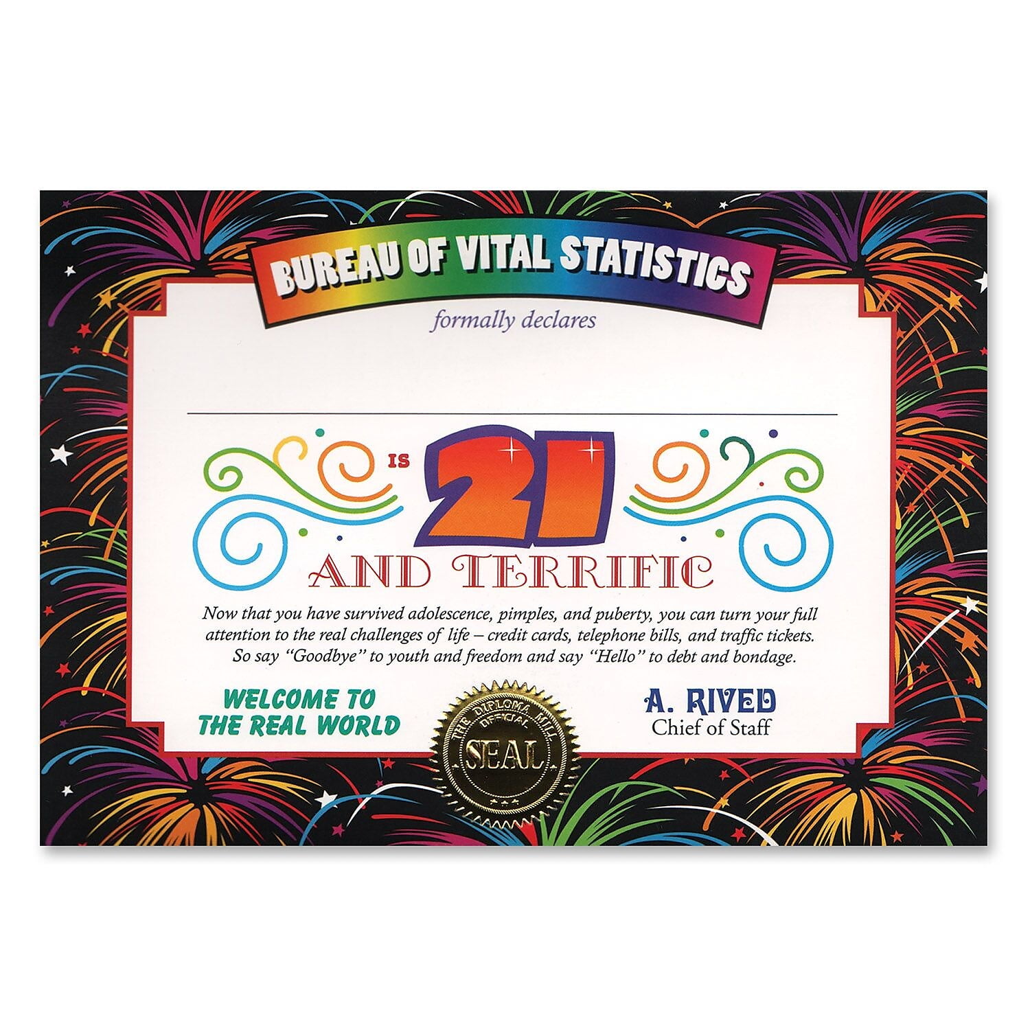 Beistle 5'' x 7'' 21 and Terrific Certificate 6/Pack CG022