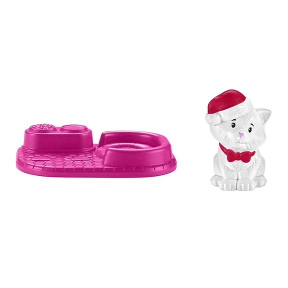 Replacement Part for Fisher-Price Little People Playset - HMK85 ~ White Cat with Red Santa Hat and Bow Tie Figure and Pink Bed ~ Inspired by Barbie ~ Works Great with Any Little-People Playset