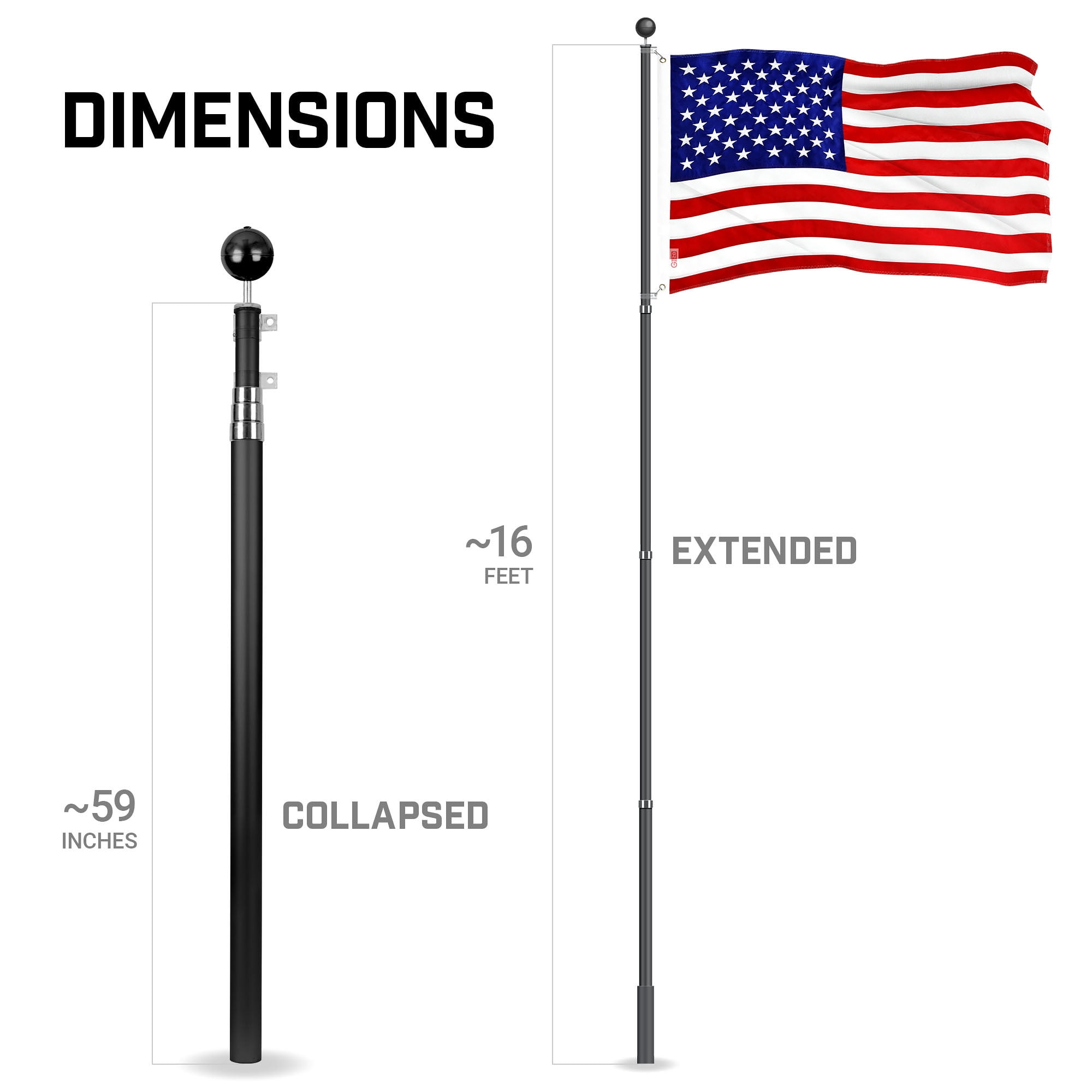 G128 Combo Pack: 16 Ft Telescoping Aluminum Flagpole (Black) & American USA Flag 2x3 Ft, ToughWeave Series Embroidered 210D Polyester | Pole with Flag Included