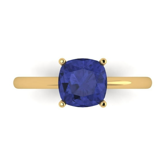 2 ctw Solitaire Anniversary Ring for Women | Cushion Cut Simulated Tanzanite | Hyperallergenic Solid 14K Yellow Gold