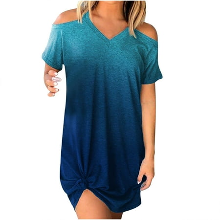 

Mrat Maxi Dress For Women 2023 Short Sleeve Round-Neck Dress Ladies Summer Fashion Casual Gradient Color Dress Knee-Length Ladies Dress Female Summer Corset Dress