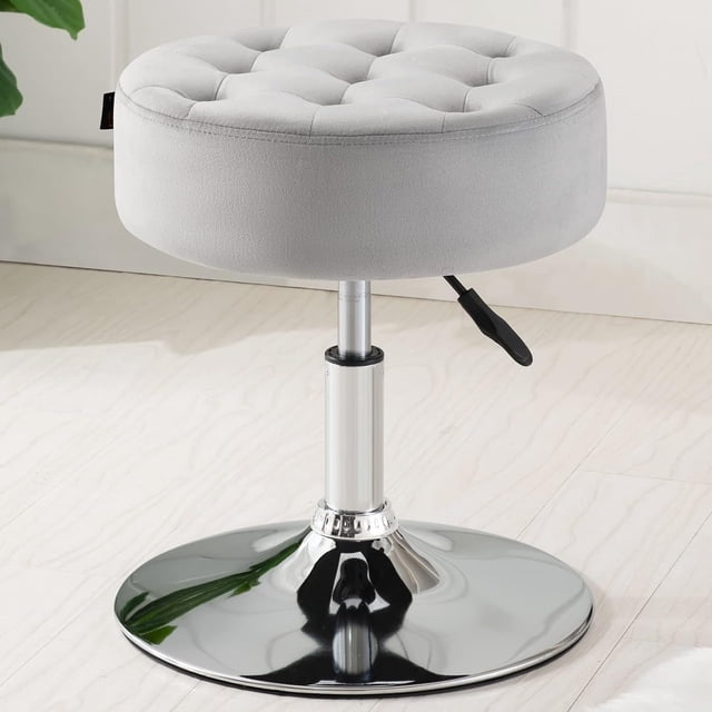LMHF Mid-Century Velvet Tufted Adjustable Swivel Makeup Ottoman Stool; Modern Big Size Round Vanity Stool Chair for Bedroom Living Room (LightGrey)