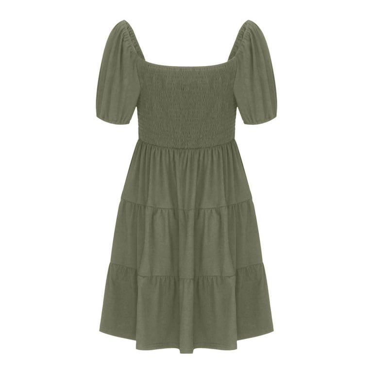 Smocked Summer Short Dress Womens Puff Sleeve Square Neck Ruffle Tiered  Swing Mini A Line Casual Beach Dress (US 4, Army Green) - Walmart.com
