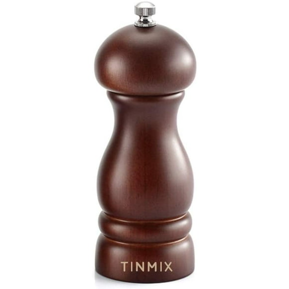 Wood Pepper Grinder Salt Mill, 5 Inch Peppercorn Grinder Salt Pepper Shaker with Adjustable Roughness Ceramic Mechanism, Capstan Sea Salt Mill for Your Kitchen, Brown 5 inch