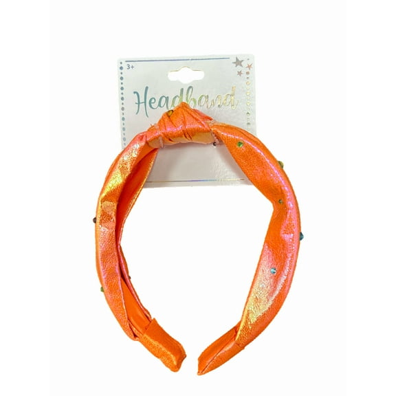 Knotted Headband, Neon Metallic Fabric Covered Plastic Headband with Multi Colored Rhinestones, No Hurt Wide Design, Adds Color, Sparkle, Perfect for Everyday, Dance Teams, Cheerleading, Orange
