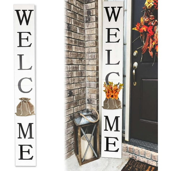 Tall Outdoor Welcome Sign for Front Door, 6ft Vertical Wooden Welcome Sign for Front Porch, Modern Farmhouse Front Porch Decor, Rustic Welcome Sign with Burlap Bag (White)