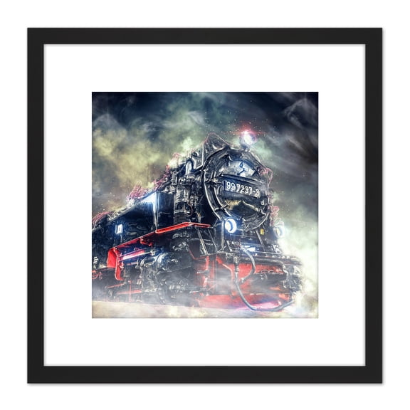 Steam Engine Locomotive Train Engine Graphic 8X8 Inch Square Wooden Framed Wall Art Print Picture with Mount