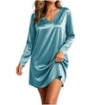 thumbnail image 2 of Guieoi Womens Dresses Long Sleeve Solid-Color Satin V-Neck Loungewear Nightgown Long Nightgown Midi Dress Blue XL, 2 of 8