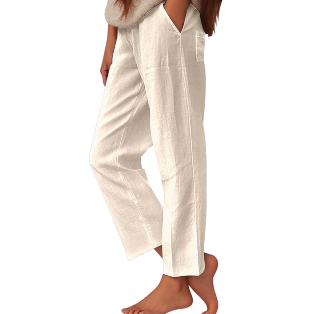 Womens Daily Elastic Waist Workout Trousers Solid Long Pants Loose Casual Pockets Trousers