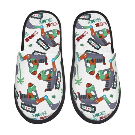Balery Dinosaur on Excavator2 Slient Indoor Furry Fleece Comfort House Shoes Soft Non-Slip Home Shoes Cotton slippers House Slippers-- Large