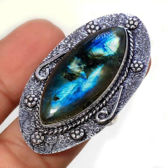 Blue Fire Labradorite Gemstone Ring Handmade Anniversary Gift Jewelry 9" FR 172