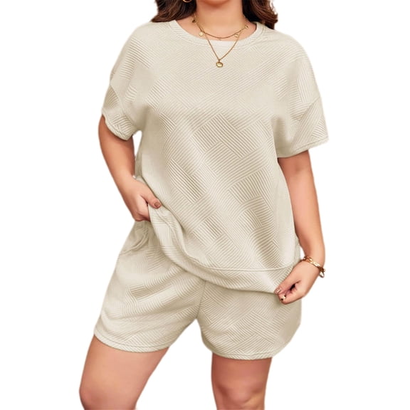 Womens 2 Pieces Loungewear Knit Sets Short Sleeved Casual Tops & Elastic Waist Shorts Pants Sport Wear